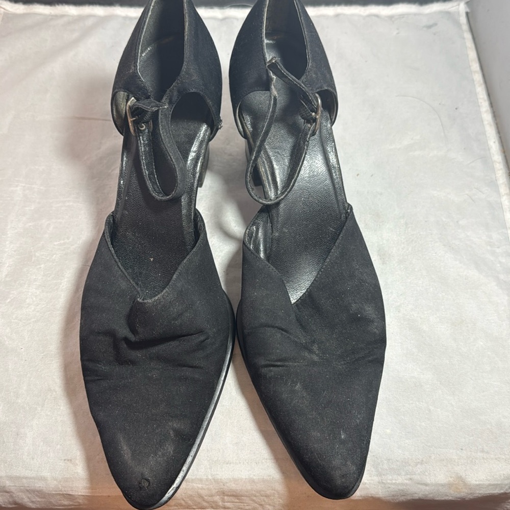90s Vintage Nine West closed toe ankle strap fabric stacked block heels size 9.5
